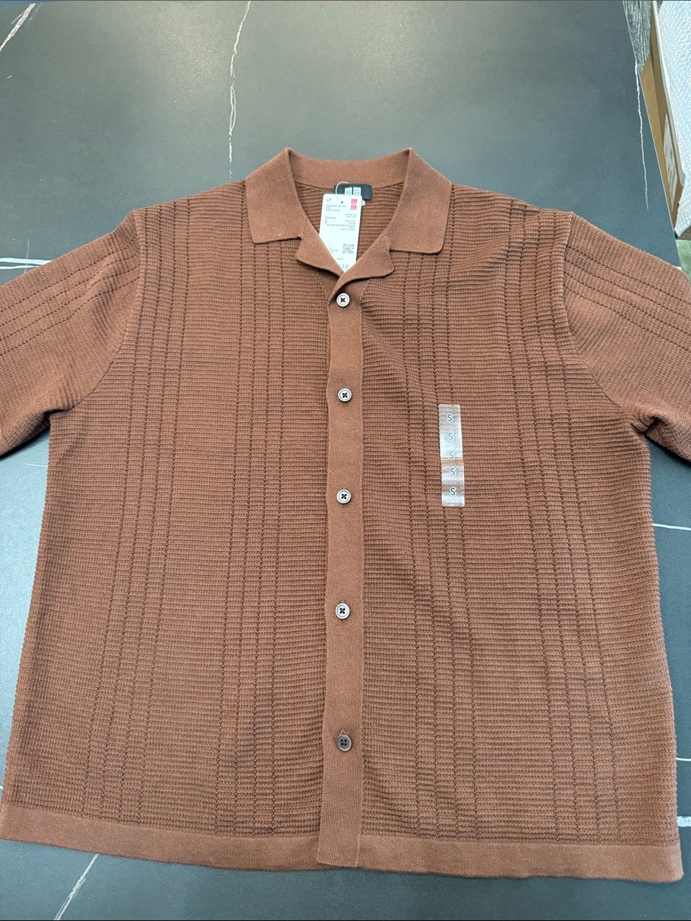 Uniqlo Brown Textured Knit Button-Down Polo Shirt